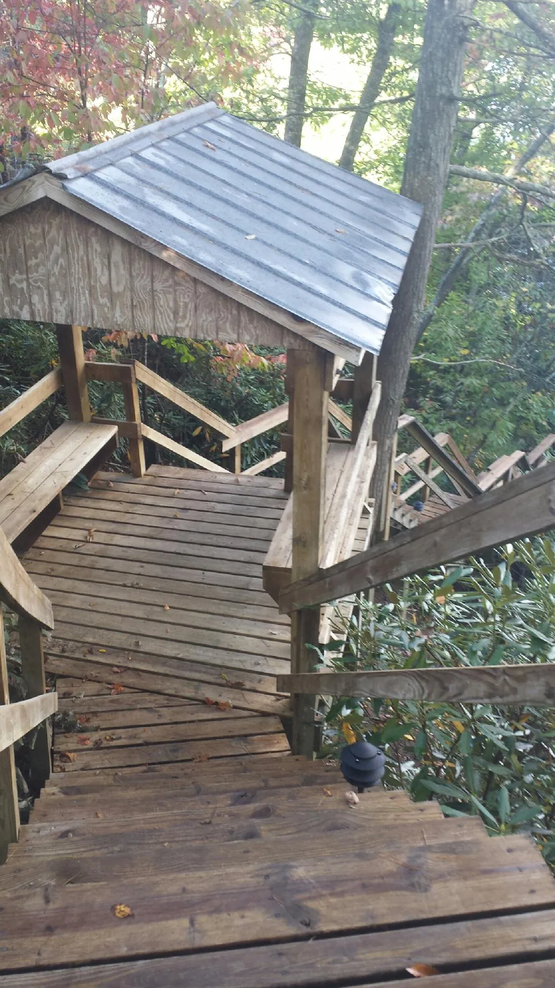 Metal roofed shelter over wooden steps on a wooded walkway — Skylight Repair & Installation work by our crew in Erlanger